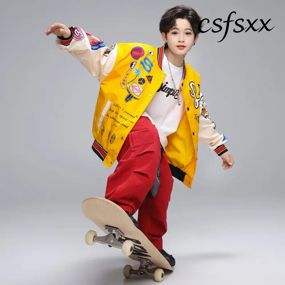 Kid Hip Hop Clothing Yellow Print Baseball Jacket Casual Ruched Red Pants Denim Jeans for Girl Boy Jazz Dance Costumes