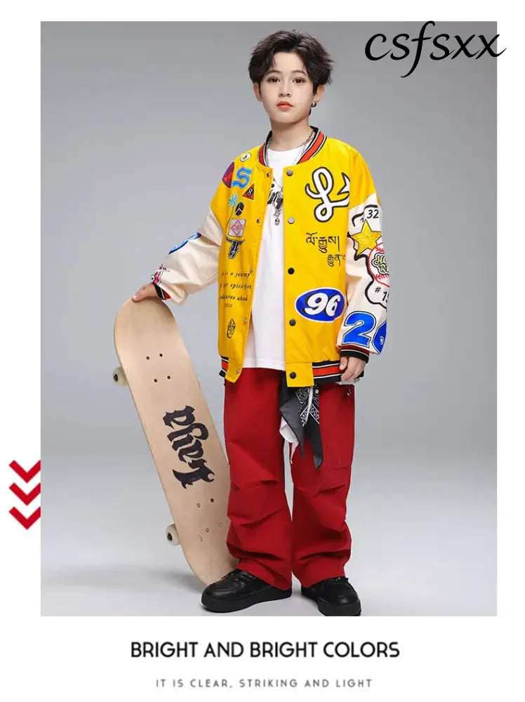 Kid Hip Hop Clothing Yellow Print Baseball Jacket Casual Ruched Red Pants Denim Jeans for Girl Boy Jazz Dance Costumes