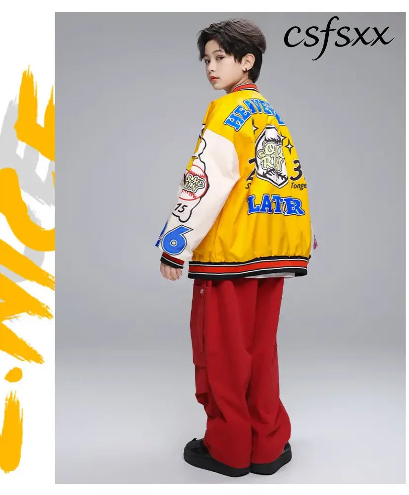 Kid Hip Hop Clothing Yellow Print Baseball Jacket Casual Ruched Red Pants Denim Jeans for Girl Boy Jazz Dance Costumes