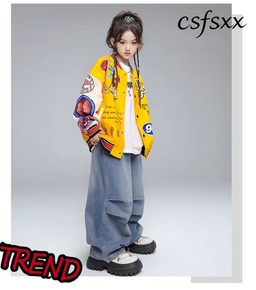 Kid Hip Hop Clothing Yellow Print Baseball Jacket Casual Ruched Red Pants Denim Jeans for Girl Boy Jazz Dance Costumes