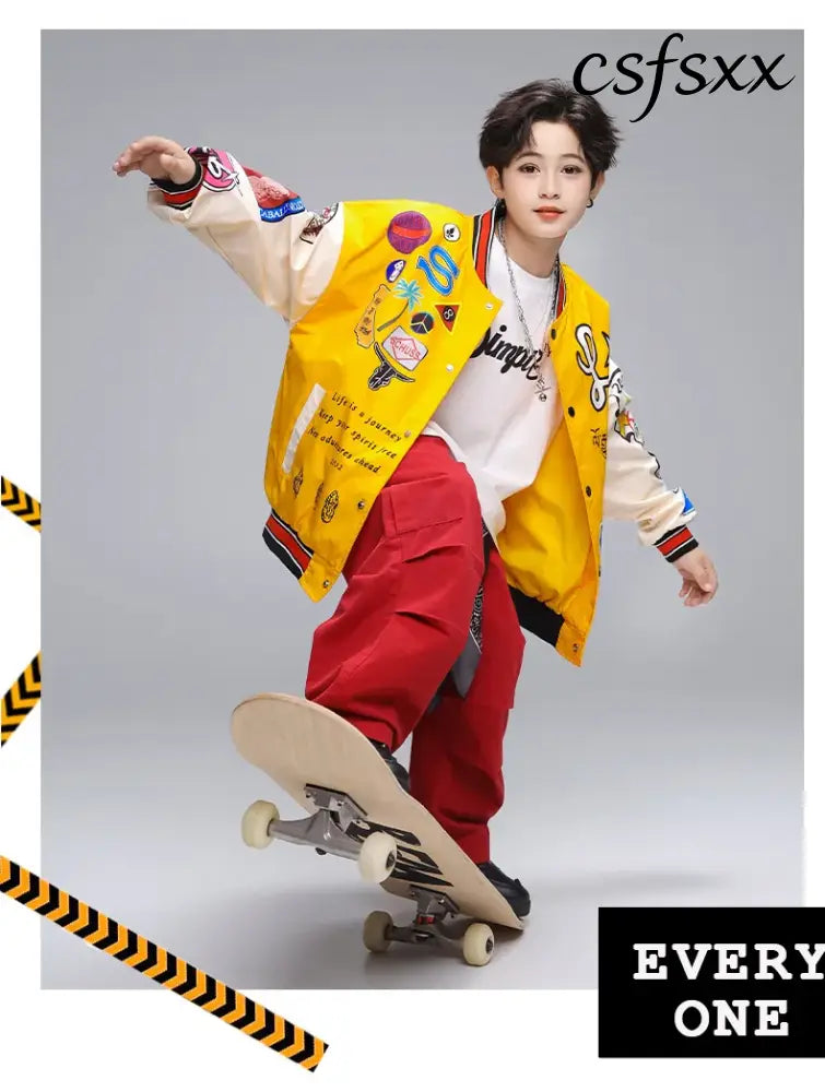 Kid Hip Hop Clothing Yellow Print Baseball Jacket Casual Ruched Red Pants Denim Jeans for Girl Boy Jazz Dance Costumes