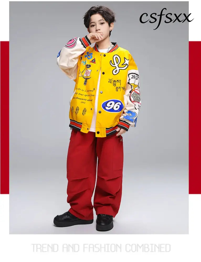 Kid Hip Hop Clothing Yellow Print Baseball Jacket Casual Ruched Red Pants Denim Jeans for Girl Boy Jazz Dance Costumes