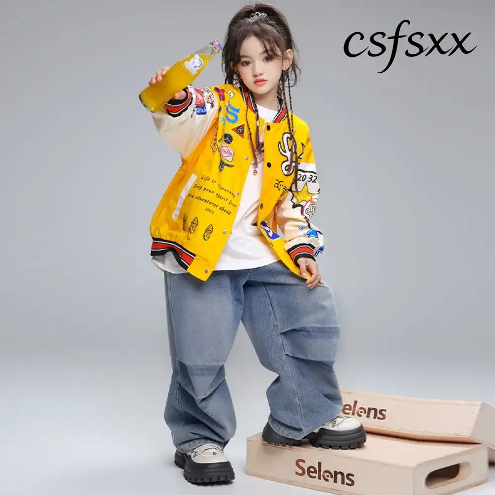 Kid Hip Hop Clothing Yellow Print Baseball Jacket Casual Ruched Red Pants Denim Jeans for Girl Boy Jazz Dance Costumes
