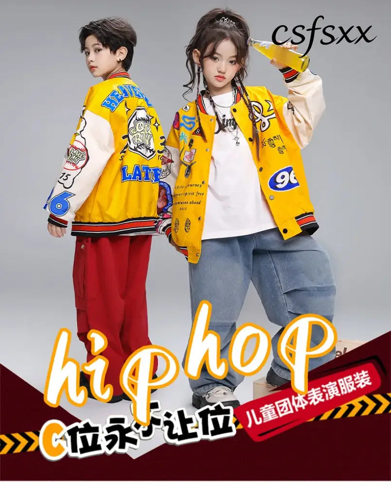 Kid Hip Hop Clothing Yellow Print Baseball Jacket Casual Ruched Red Pants Denim Jeans for Girl Boy Jazz Dance Costumes