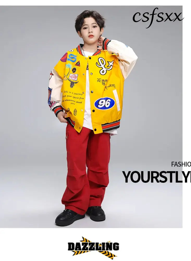 Kid Hip Hop Clothing Yellow Print Baseball Jacket Casual Ruched Red Pants Denim Jeans for Girl Boy Jazz Dance Costumes