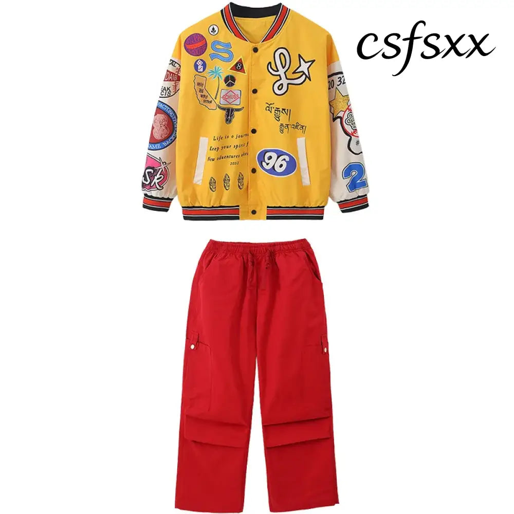 Kid Hip Hop Clothing Yellow Print Baseball Jacket Casual Ruched Red Pants Denim Jeans for Girl Boy Jazz Dance Costumes