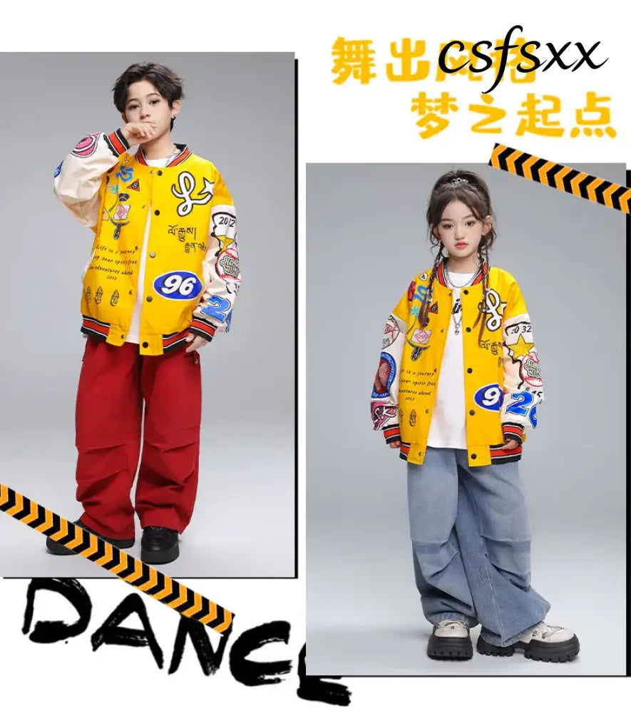 Kid Hip Hop Clothing Yellow Print Baseball Jacket Casual Ruched Red Pants Denim Jeans for Girl Boy Jazz Dance Costumes