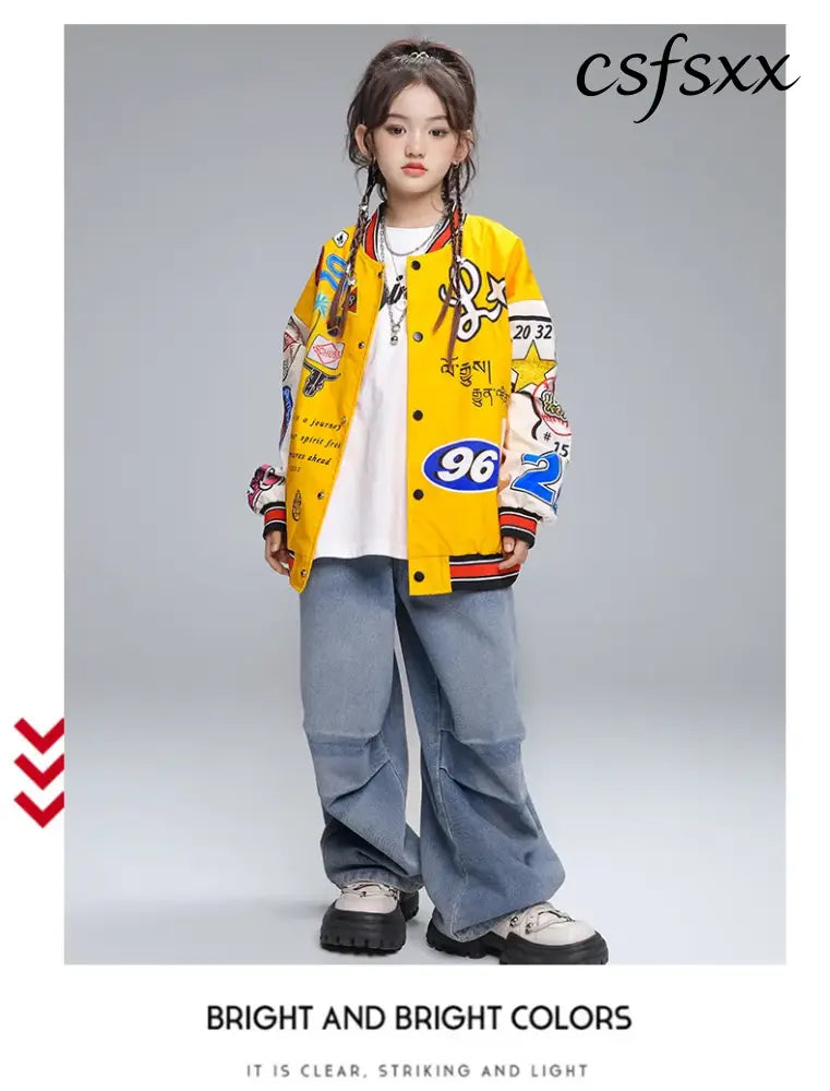 Kid Hip Hop Clothing Yellow Print Baseball Jacket Casual Ruched Red Pants Denim Jeans for Girl Boy Jazz Dance Costumes