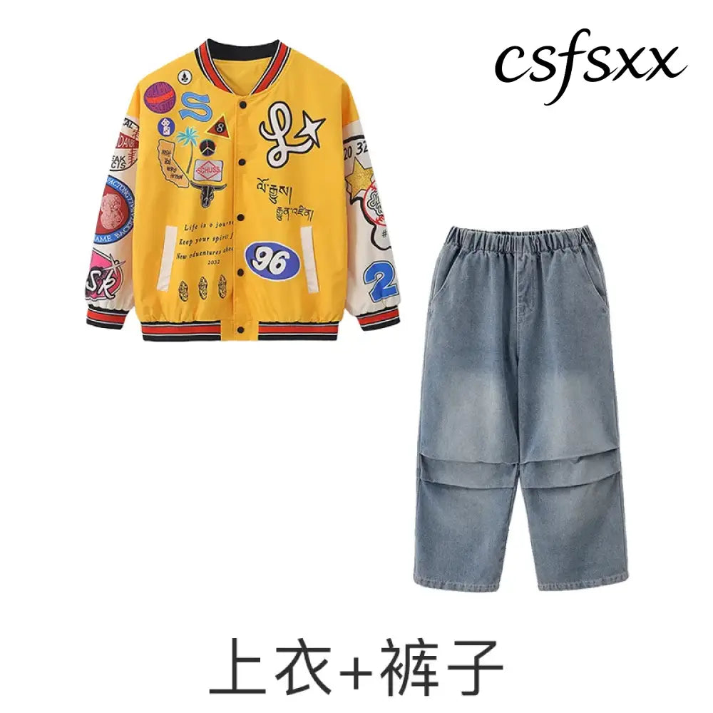 Kid Hip Hop Clothing Yellow Print Baseball Jacket Casual Ruched Red Pants Denim Jeans for Girl Boy Jazz Dance Costumes