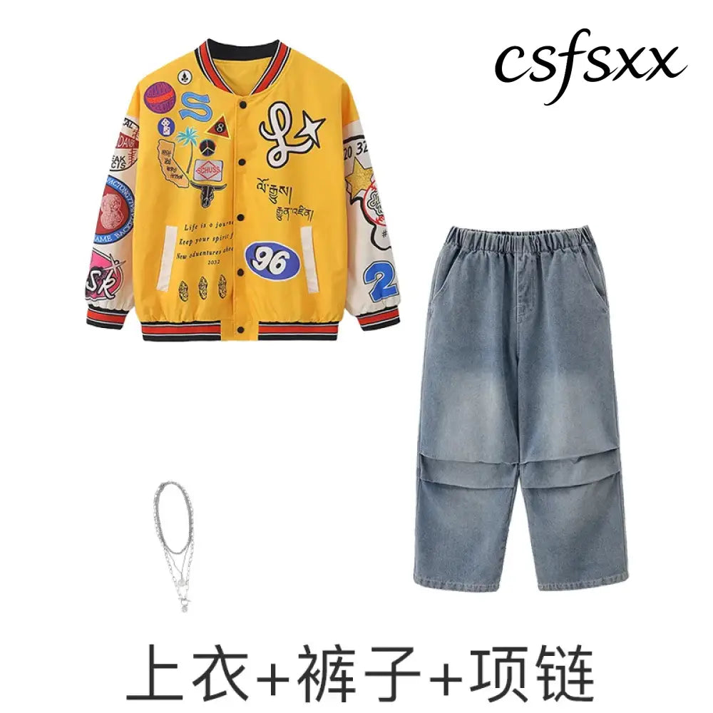 Kid Hip Hop Clothing Yellow Print Baseball Jacket Casual Ruched Red Pants Denim Jeans for Girl Boy Jazz Dance Costumes