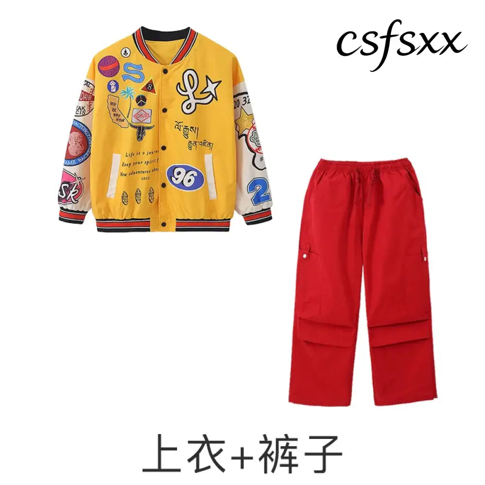 Kid Hip Hop Clothing Yellow Print Baseball Jacket Casual Ruched Red Pants Denim Jeans for Girl Boy Jazz Dance Costumes