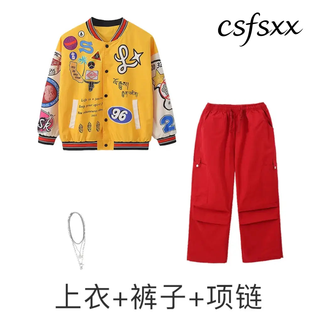 Kid Hip Hop Clothing Yellow Print Baseball Jacket Casual Ruched Red Pants Denim Jeans for Girl Boy Jazz Dance Costumes