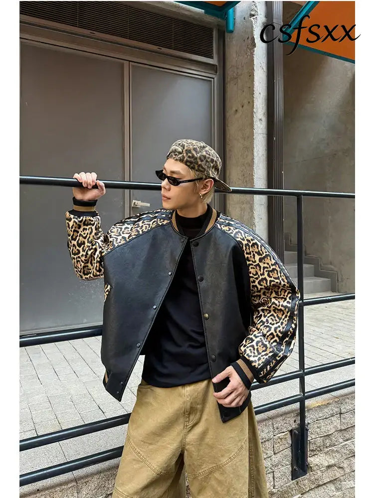 Mauroicardi Spring Autumn Cool Short Leopard Print Patchwork Black Pu Leather Bomber Jacket Men Zipper Fashion Baseball