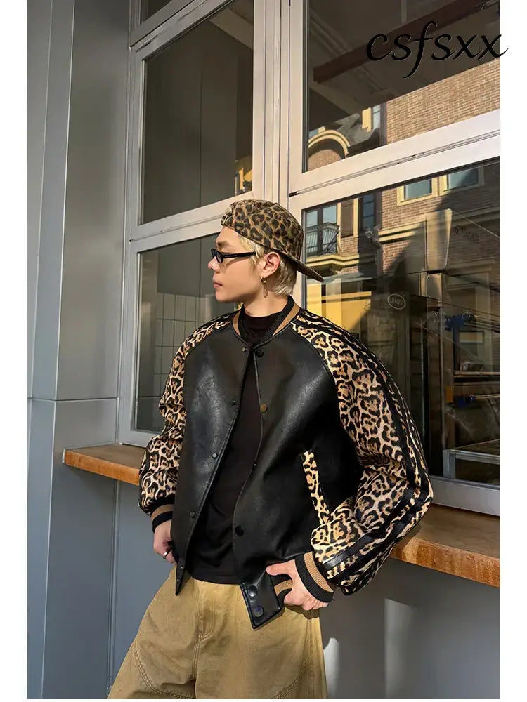 Mauroicardi Spring Autumn Cool Short Leopard Print Patchwork Black Pu Leather Bomber Jacket Men Zipper Fashion Baseball