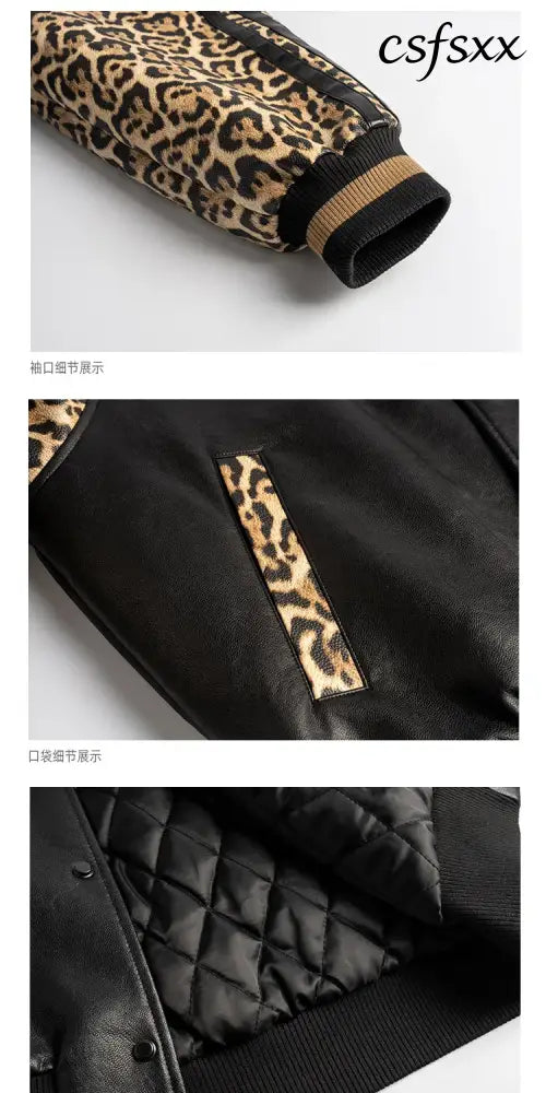 Mauroicardi Spring Autumn Cool Short Leopard Print Patchwork Black Pu Leather Bomber Jacket Men Zipper Fashion Baseball