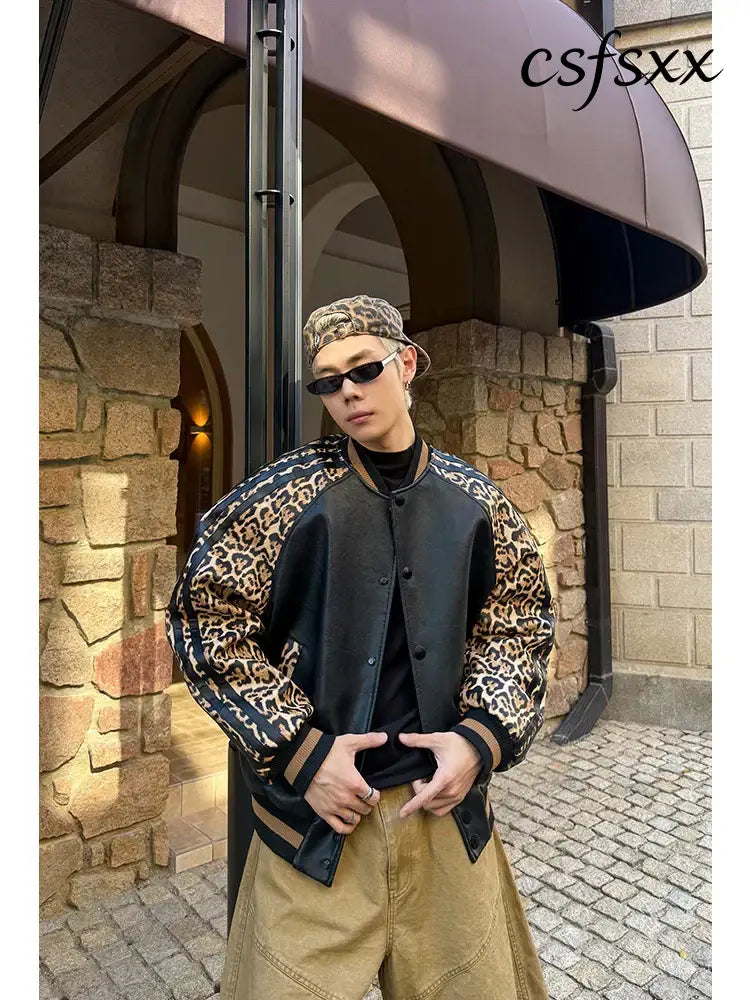 Mauroicardi Spring Autumn Cool Short Leopard Print Patchwork Black Pu Leather Bomber Jacket Men Zipper Fashion Baseball