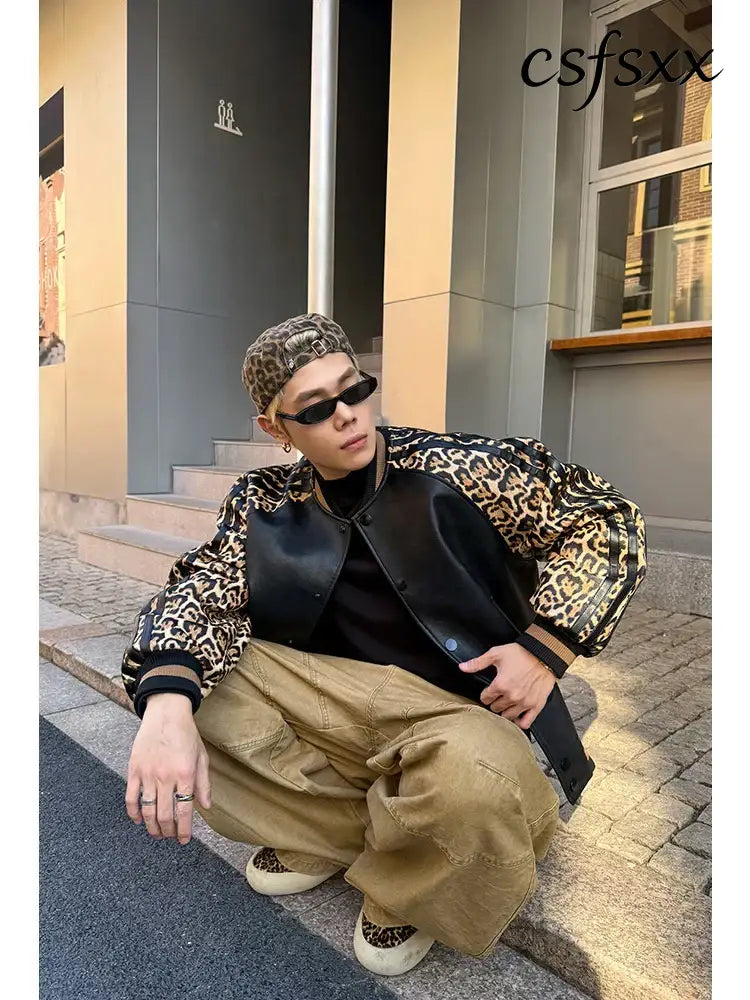 Mauroicardi Spring Autumn Cool Short Leopard Print Patchwork Black Pu Leather Bomber Jacket Men Zipper Fashion Baseball