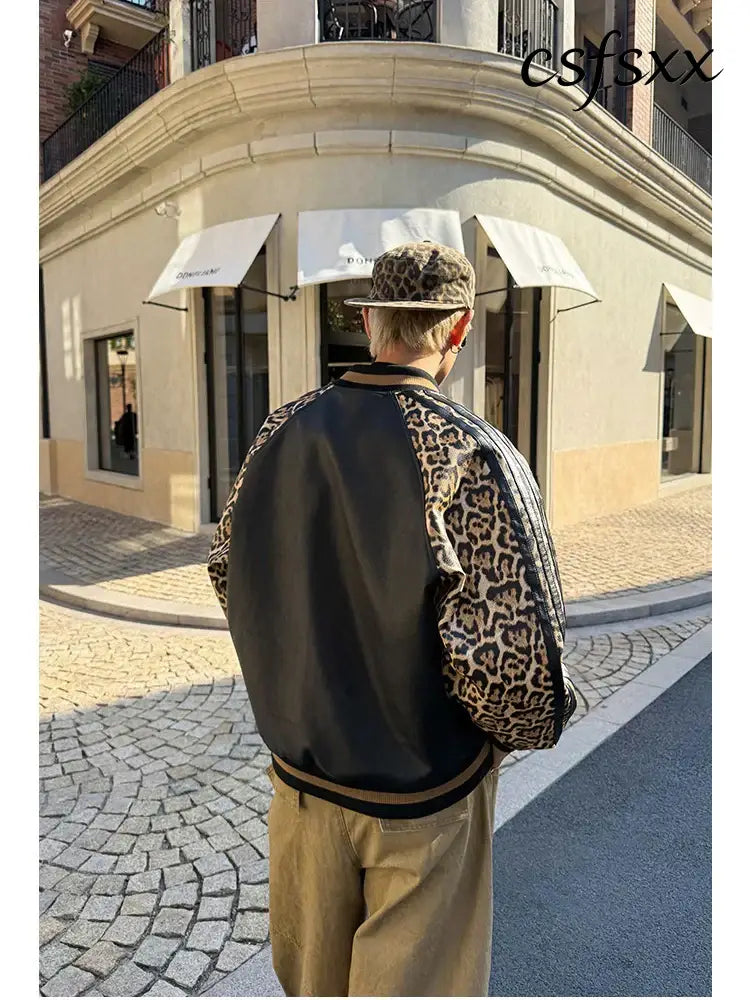 Mauroicardi Spring Autumn Cool Short Leopard Print Patchwork Black Pu Leather Bomber Jacket Men Zipper Fashion Baseball