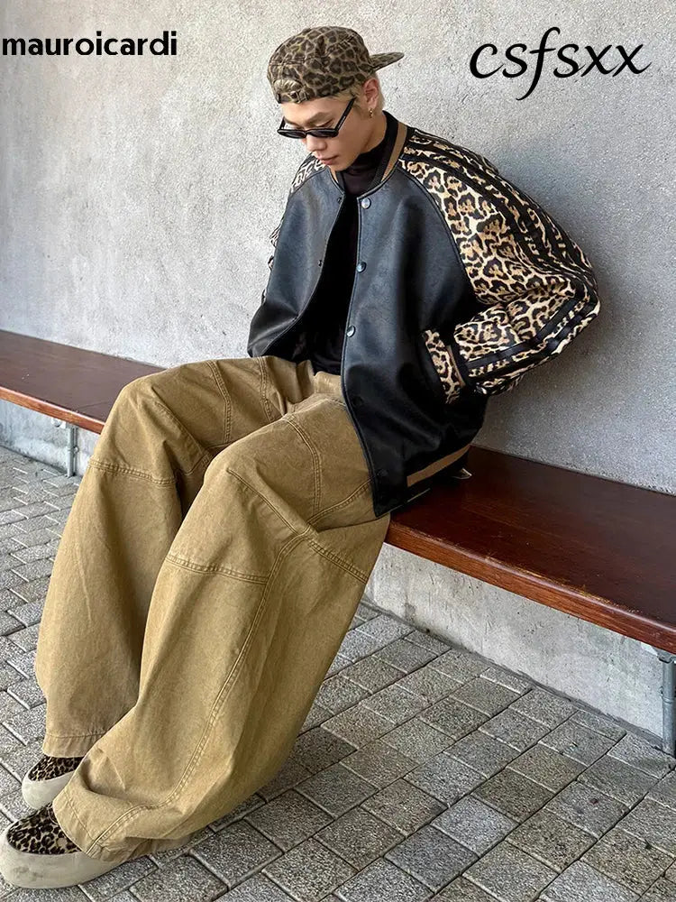 Mauroicardi Spring Autumn Cool Short Leopard Print Patchwork Black Pu Leather Bomber Jacket Men Zipper Fashion Baseball