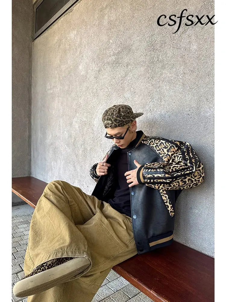 Mauroicardi Spring Autumn Cool Short Leopard Print Patchwork Black Pu Leather Bomber Jacket Men Zipper Fashion Baseball