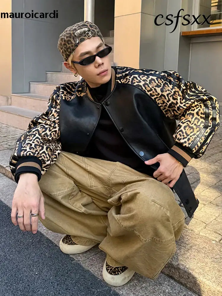 Mauroicardi Spring Autumn Cool Short Leopard Print Patchwork Black Pu Leather Bomber Jacket Men Zipper Fashion Baseball