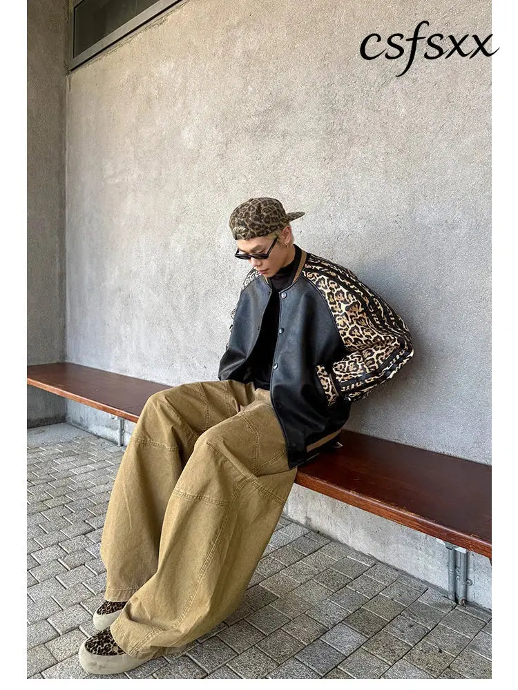 Mauroicardi Spring Autumn Cool Short Leopard Print Patchwork Black Pu Leather Bomber Jacket Men Zipper Fashion Baseball