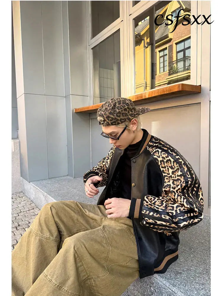 Mauroicardi Spring Autumn Cool Short Leopard Print Patchwork Black Pu Leather Bomber Jacket Men Zipper Fashion Baseball