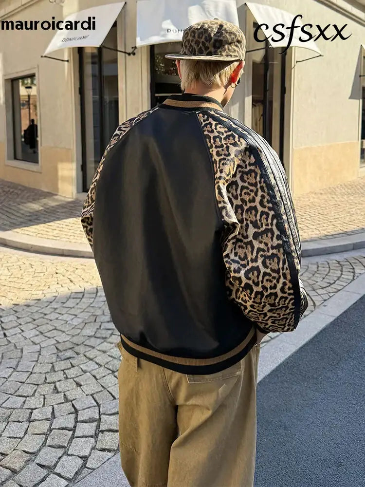 Mauroicardi Spring Autumn Cool Short Leopard Print Patchwork Black Pu Leather Bomber Jacket Men Zipper Fashion Baseball