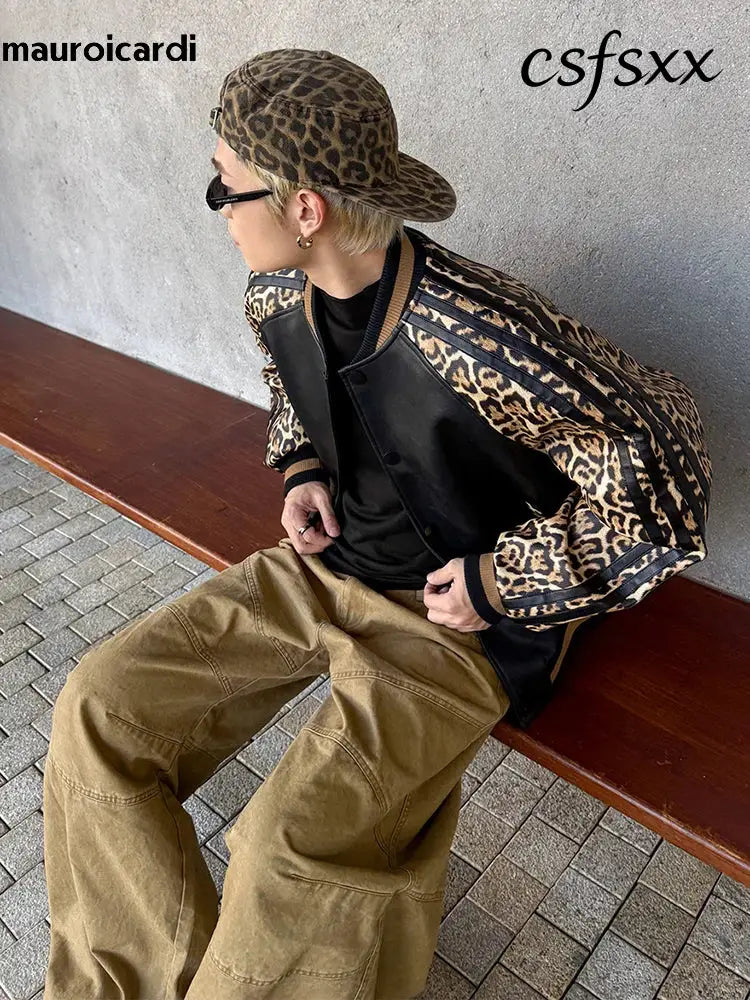 Mauroicardi Spring Autumn Cool Short Leopard Print Patchwork Black Pu Leather Bomber Jacket Men Zipper Fashion Baseball