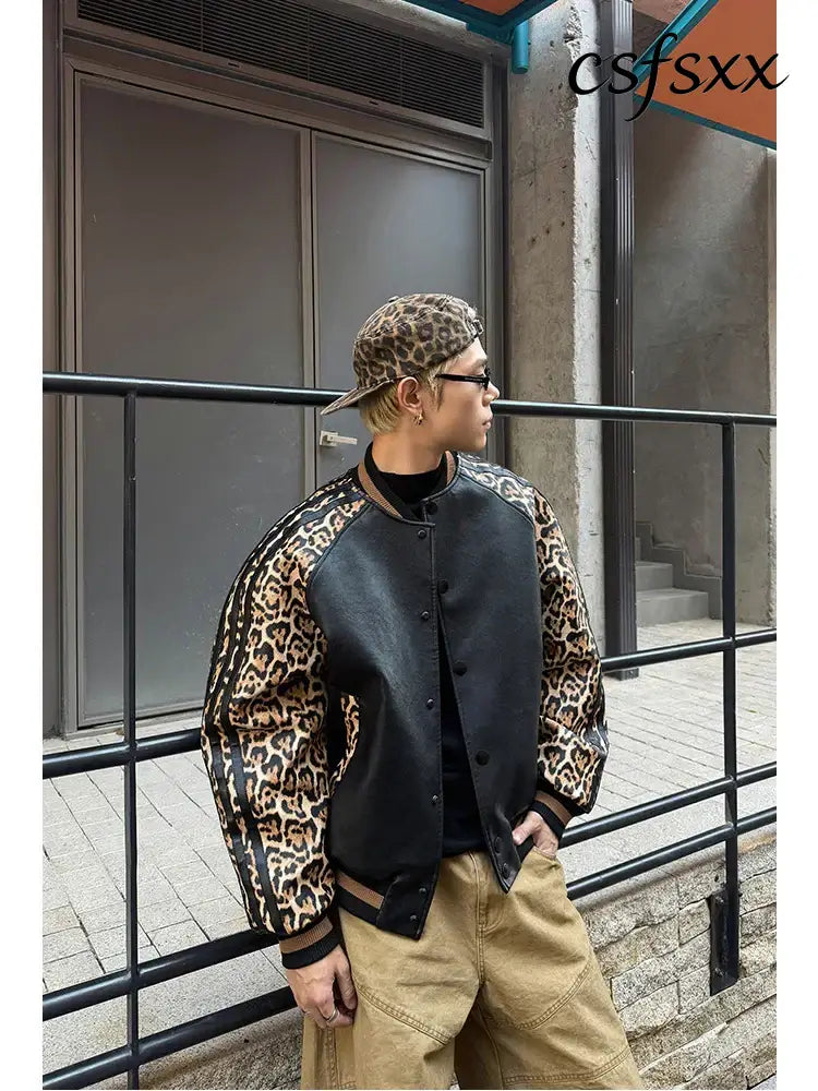 Mauroicardi Spring Autumn Cool Short Leopard Print Patchwork Black Pu Leather Bomber Jacket Men Zipper Fashion Baseball