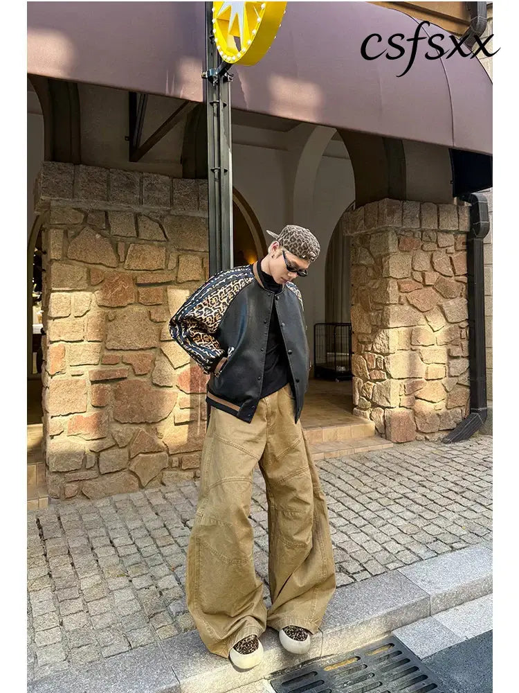 Mauroicardi Spring Autumn Cool Short Leopard Print Patchwork Black Pu Leather Bomber Jacket Men Zipper Fashion Baseball