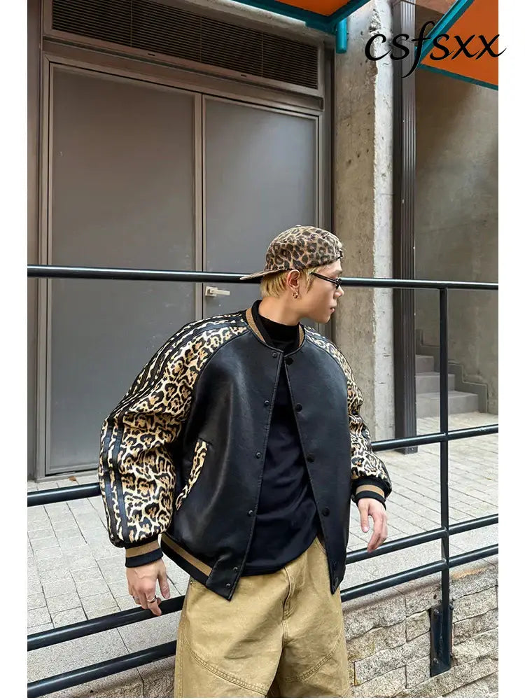 Mauroicardi Spring Autumn Cool Short Leopard Print Patchwork Black Pu Leather Bomber Jacket Men Zipper Fashion Baseball