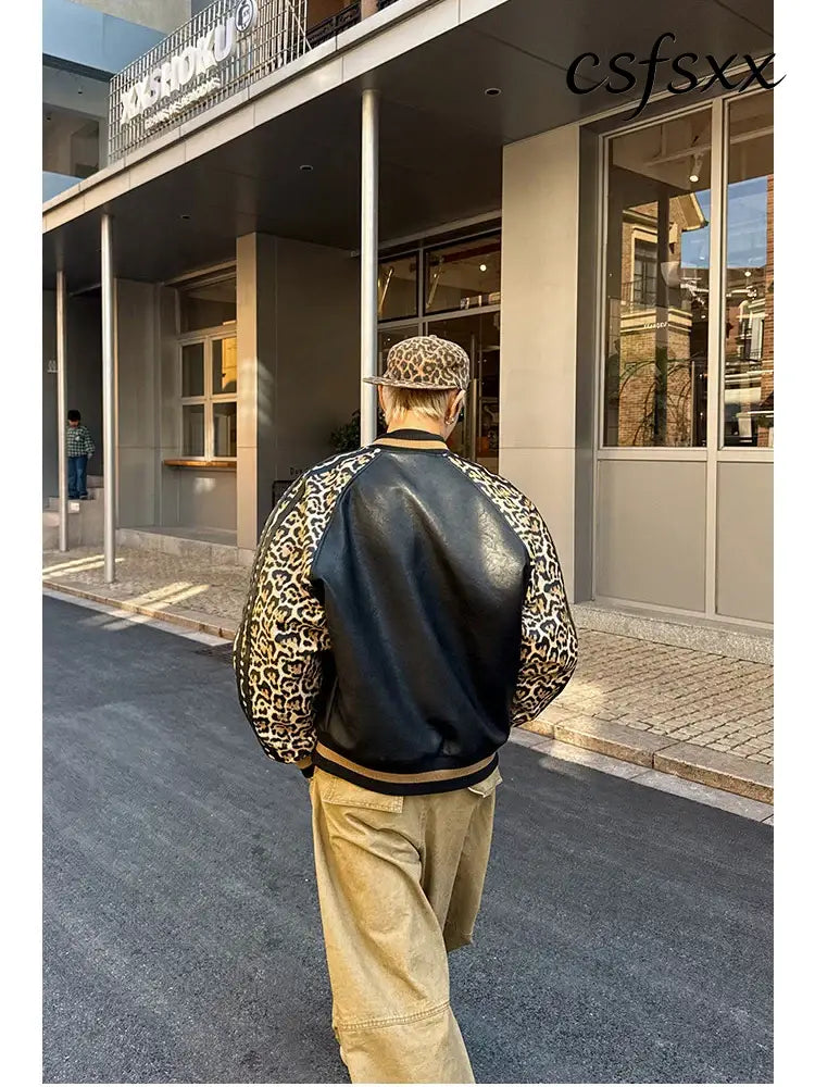 Mauroicardi Spring Autumn Cool Short Leopard Print Patchwork Black Pu Leather Bomber Jacket Men Zipper Fashion Baseball