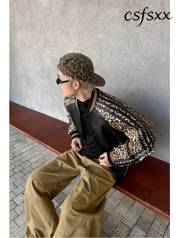 Mauroicardi Spring Autumn Cool Short Leopard Print Patchwork Black Pu Leather Bomber Jacket Men Zipper Fashion Baseball