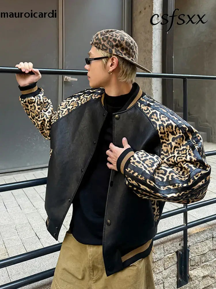 Mauroicardi Spring Autumn Cool Short Leopard Print Patchwork Black Pu Leather Bomber Jacket Men Zipper Fashion Baseball