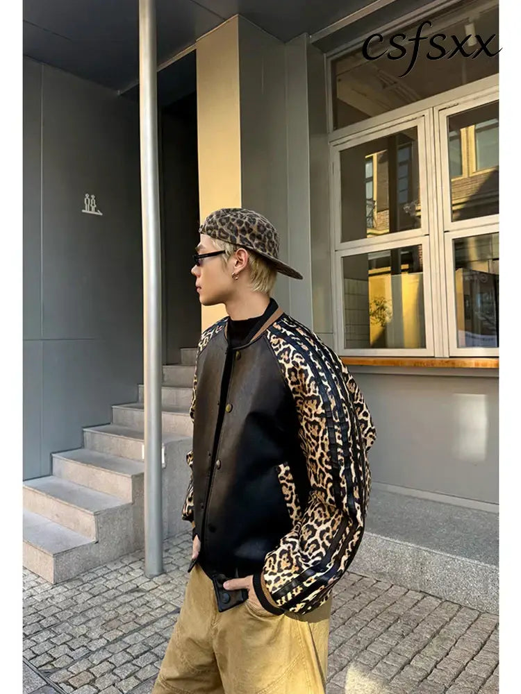 Mauroicardi Spring Autumn Cool Short Leopard Print Patchwork Black Pu Leather Bomber Jacket Men Zipper Fashion Baseball