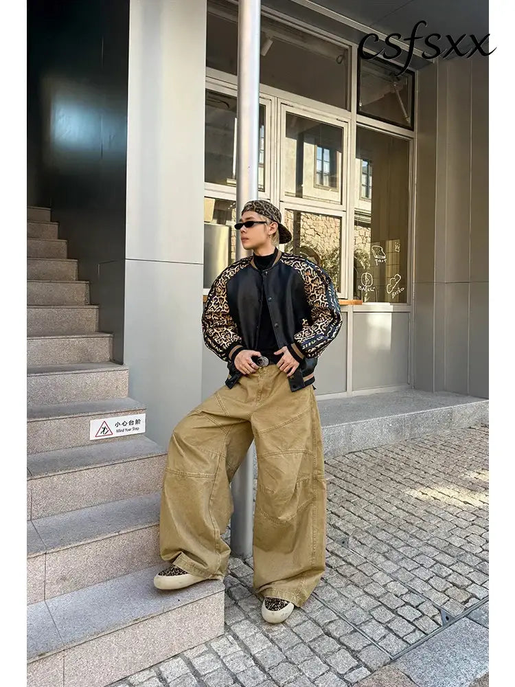 Mauroicardi Spring Autumn Cool Short Leopard Print Patchwork Black Pu Leather Bomber Jacket Men Zipper Fashion Baseball
