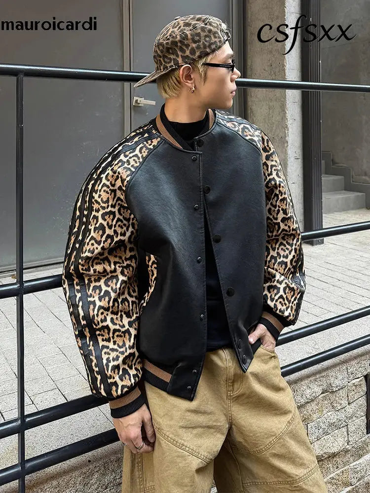 Mauroicardi Spring Autumn Cool Short Leopard Print Patchwork Black Pu Leather Bomber Jacket Men Zipper Fashion Baseball