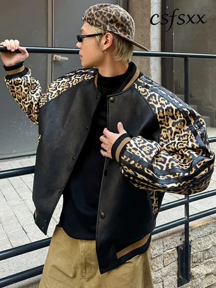 Mauroicardi Spring Autumn Cool Short Leopard Print Patchwork Black Pu Leather Bomber Jacket Men Zipper Fashion Baseball