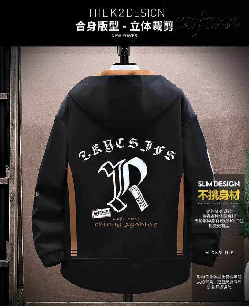 Men’s Casual Hooded Jackets Autumn Patchwork Thin Coats Outwear Top Windbreaker Streetwear Clothing Plus Size