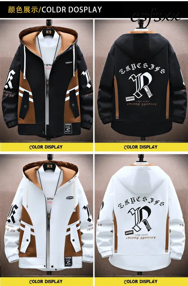 Men’s Casual Hooded Jackets Autumn Patchwork Thin Coats Outwear Top Windbreaker Streetwear Clothing Plus Size