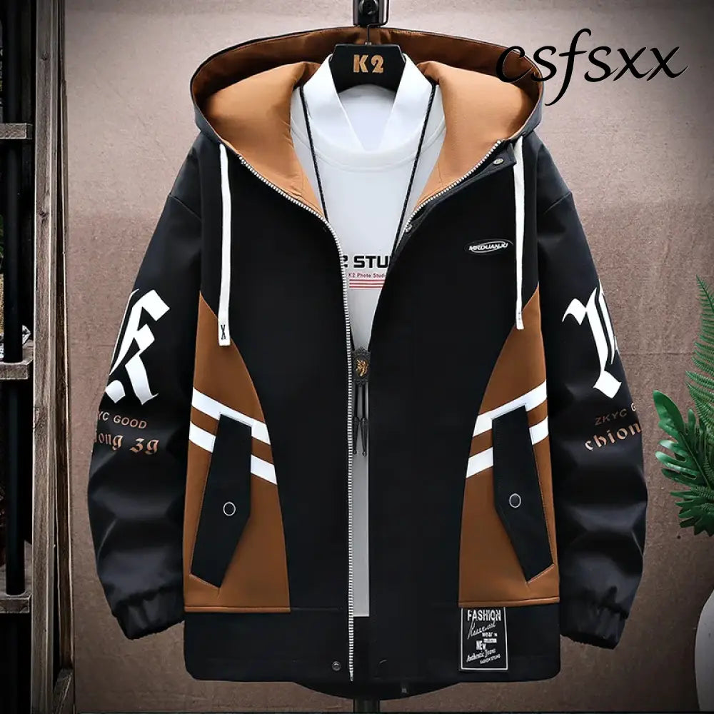 Men’s Casual Hooded Jackets Autumn Patchwork Thin Coats Outwear Top Windbreaker Streetwear Clothing Plus Size - black