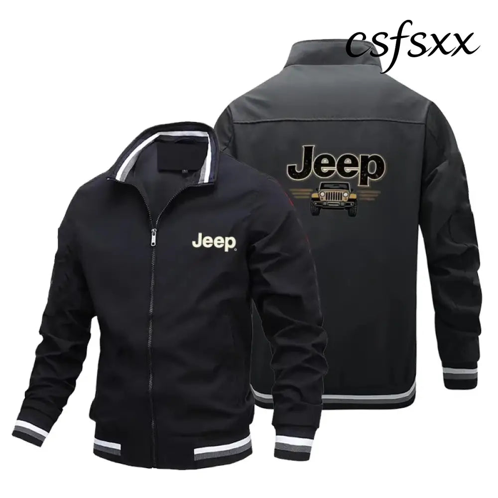 Men’s Fashion Jeep Style Bomber Jacket Casual Striped Trim Zipper Up Windbreaker Streetwear Hip Hop Loose Fit Coat for