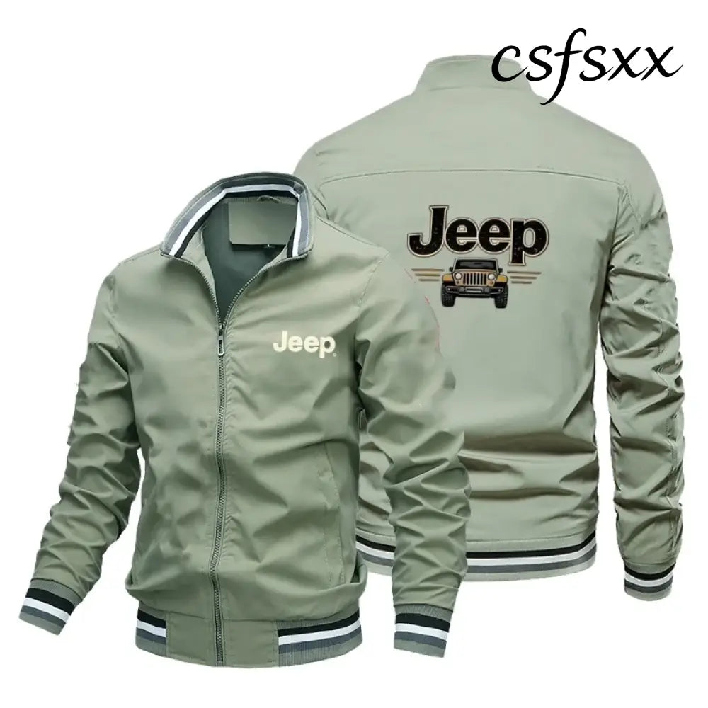 Men’s Fashion Jeep Style Bomber Jacket Casual Striped Trim Zipper Up Windbreaker Streetwear Hip Hop Loose Fit Coat for