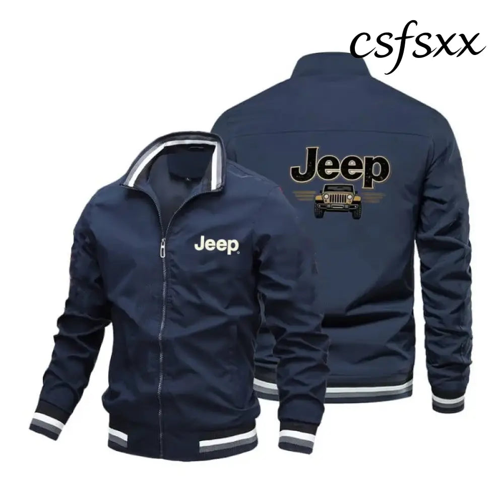 Men’s Fashion Jeep Style Bomber Jacket Casual Striped Trim Zipper Up Windbreaker Streetwear Hip Hop Loose Fit Coat for