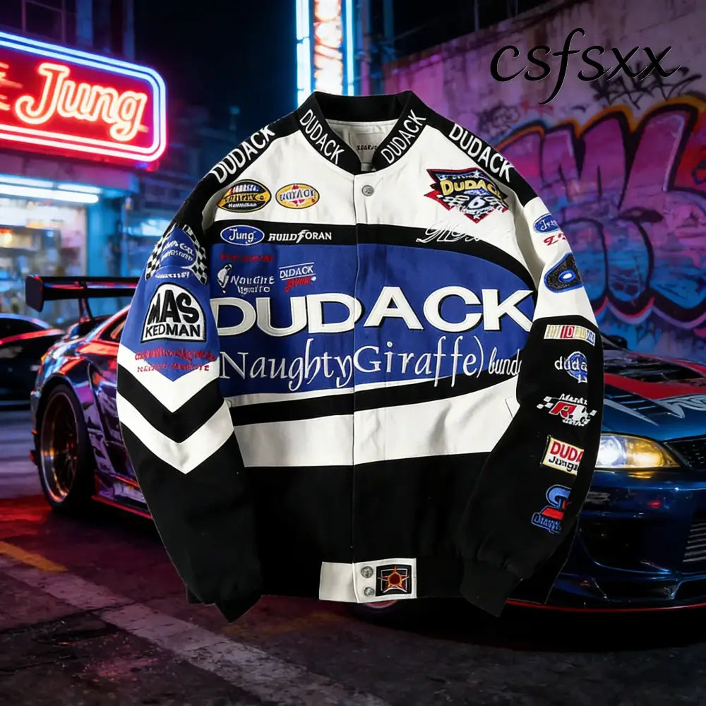 New racing style niche design jacket heavyweight cotton letter embroidered men’s jacket - black / L