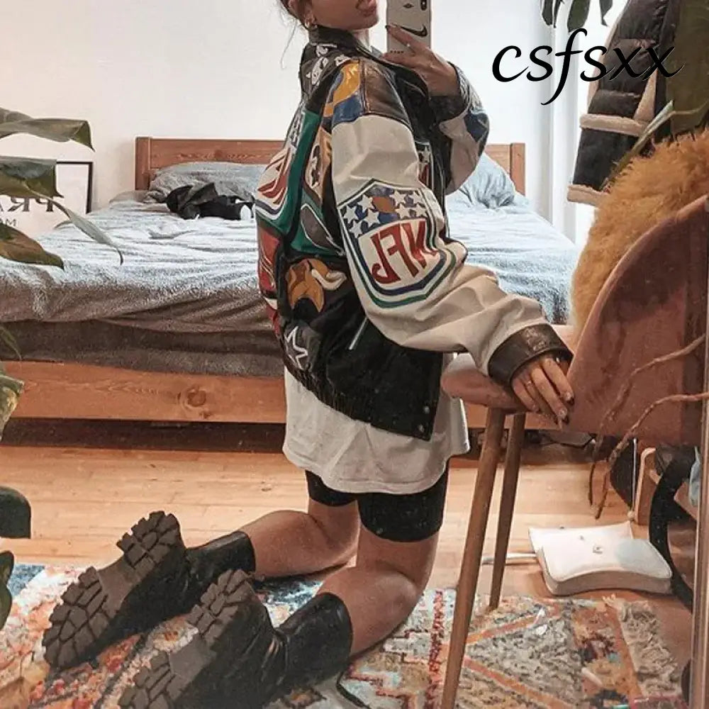 New Women’s Baseball Jacket Spring Autumn Fashion Long Sleeve Motorcycle Jacket Female Y2k Printed Casual Loose