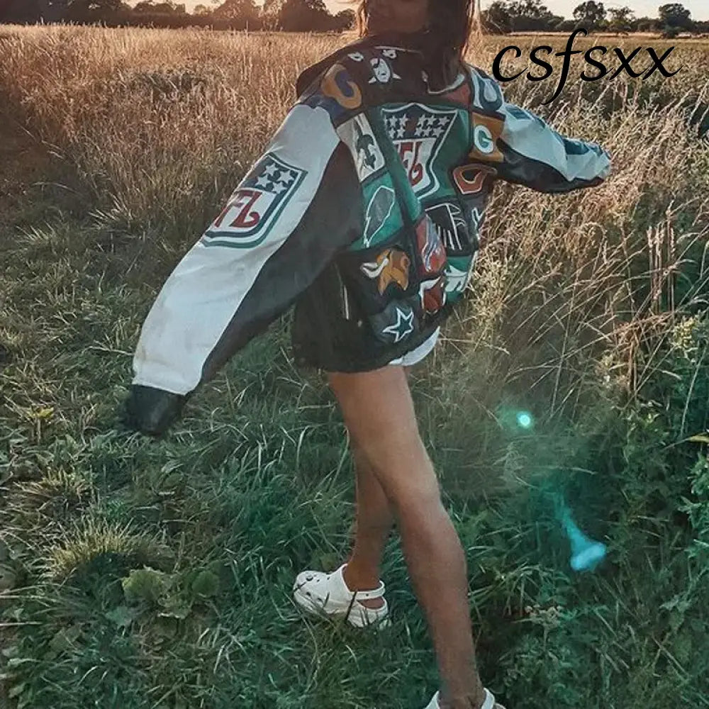 New Women’s Baseball Jacket Spring Autumn Fashion Long Sleeve Motorcycle Jacket Female Y2k Printed Casual Loose
