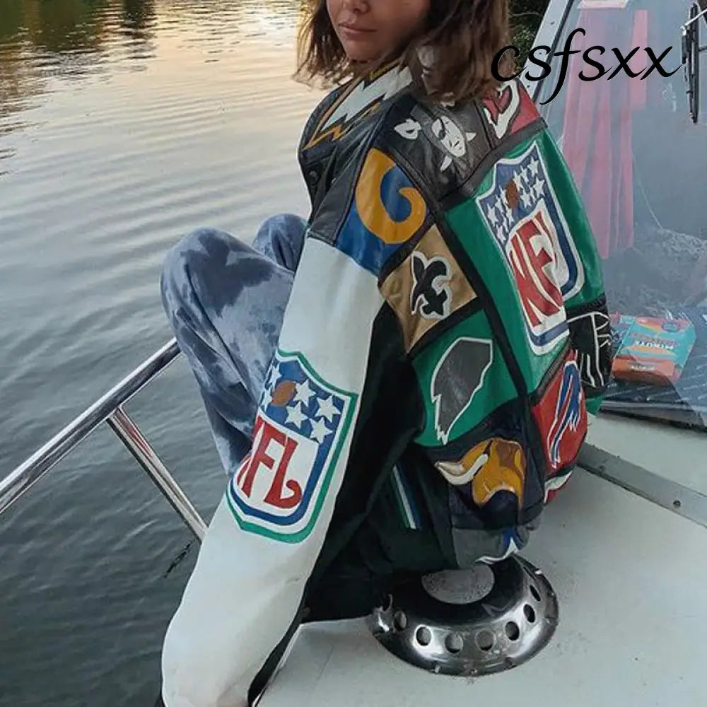 New Women’s Baseball Jacket Spring Autumn Fashion Long Sleeve Motorcycle Jacket Female Y2k Printed Casual Loose
