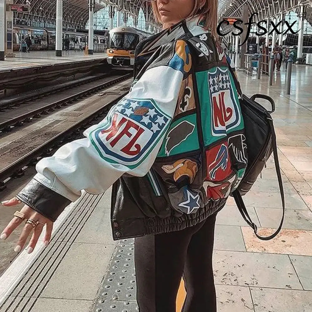 New Women’s Baseball Jacket Spring Autumn Fashion Long Sleeve Motorcycle Jacket Female Y2k Printed Casual Loose